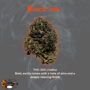 Black Ice cannabis flower with bold earthy tones, pine aroma, and 34% THC