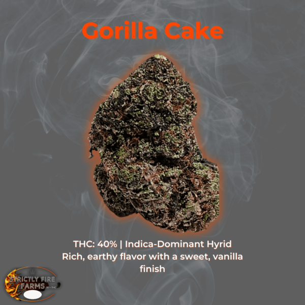 Gorilla Cake cannabis strain with a rich, earthy texture, orange glow outline, and smoky background.