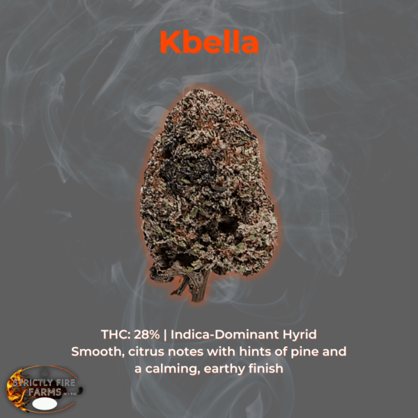 A vibrant and lush cannabis bud from Strictly Fire Farms, showcasing Kbella strain's dense structure with bright green and orange hues.