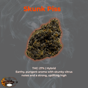 Skunk Piss cannabis flower with earthy, pungent aroma, skunky citrus notes, and 27% THC.