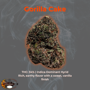 Gorilla Cake cannabis strain with a rich, earthy texture, orange glow outline, and smoky background.